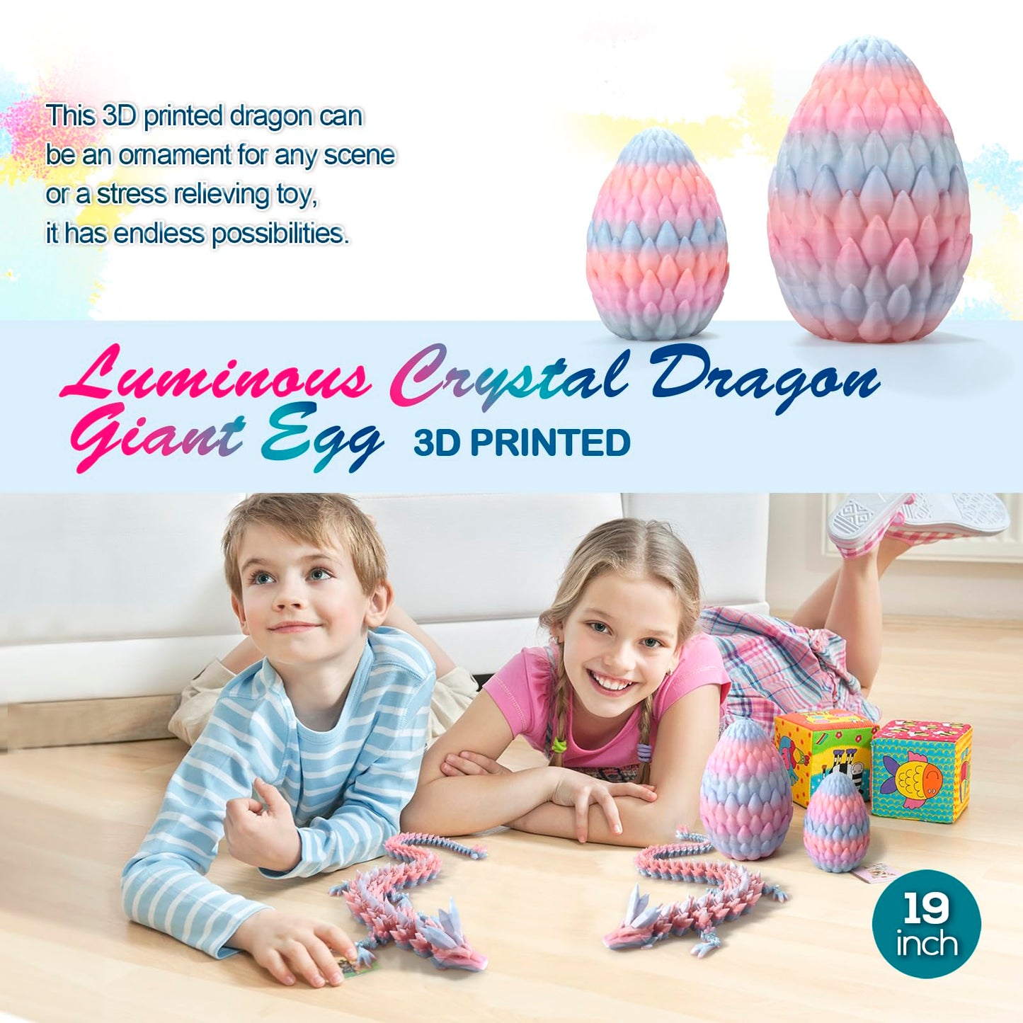 3D Printed Dragon,Dragon Eggs with Dragon Inside,Surprise Dragon Egg Toy,19'' Full Articulated Crystal 3D Dragon(Giant Dragon Eg