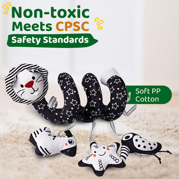 Likee Spiral Car Seat Toys For Babies 0-6 Months, Black High Contrast Plush Hanging Baby Stroller Toys, Crib & Carseat Sensory Activity For Newborn, Ages 0+ Years 6-12 Month Infants Boy Girl Gifts