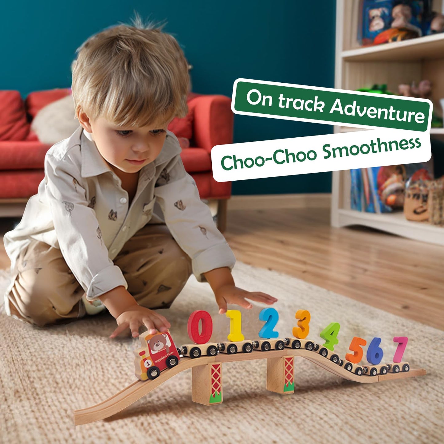 Woodenfun Number Train Set For 1 2 3 Year Olds, Educational Toy Cars For Toddlers, Montessori Learning Toys For Boys And Girls (Red)