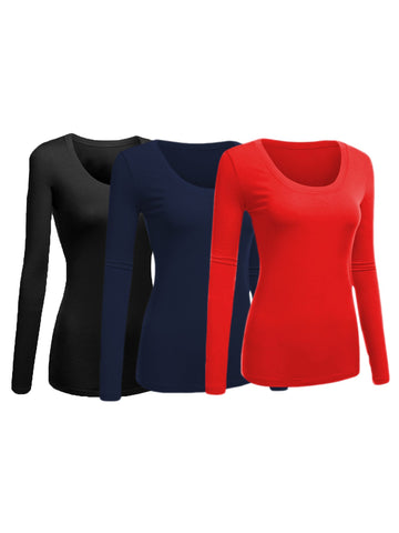 Emmalise Womens Junior and Plus Size Basic Scoop Neck Tshirt Long Sleeve Tee, 1xl, 3Pk Black, Navy, Red