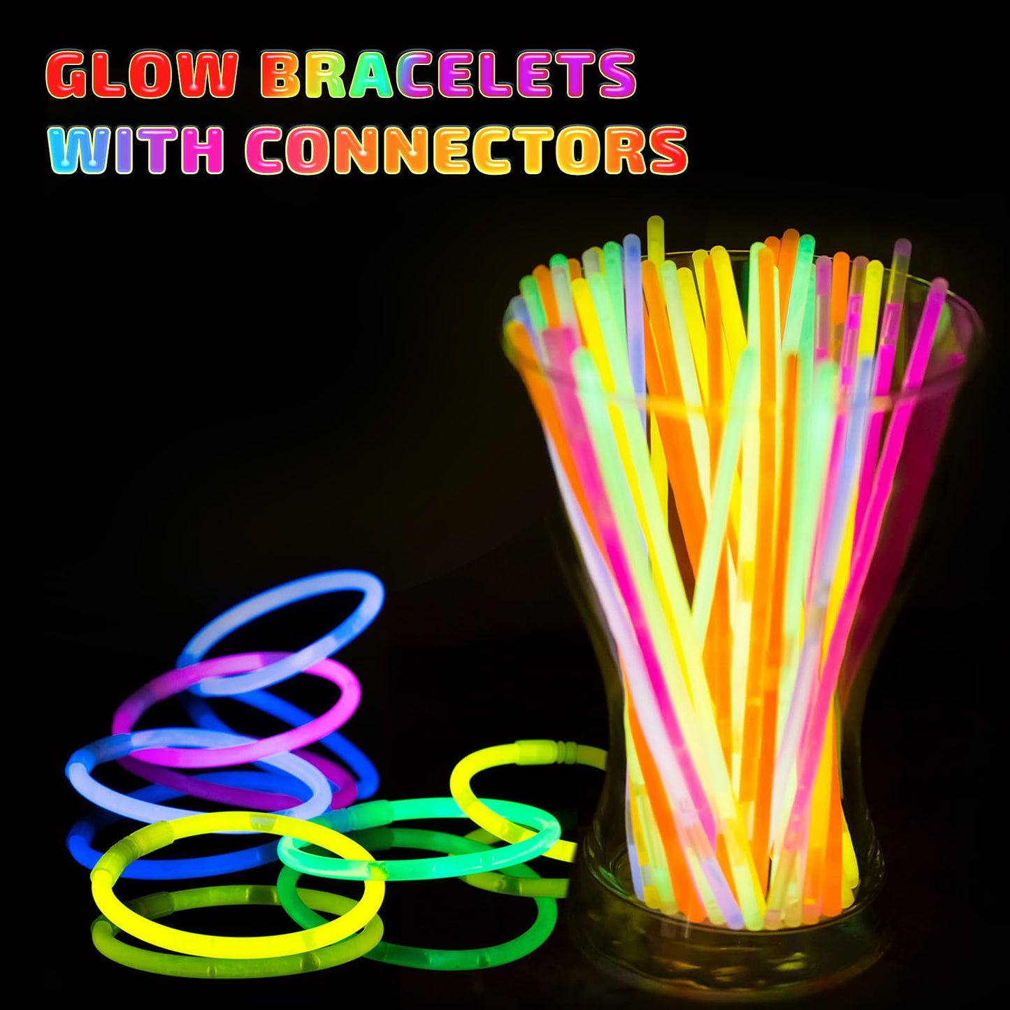 HONLYNE 400 Pcs Glow Sticks Bulk Party Pack, 8 Glow in the Dark Party Supplies, Glow in the Dark Light Up Sticks with Connecto