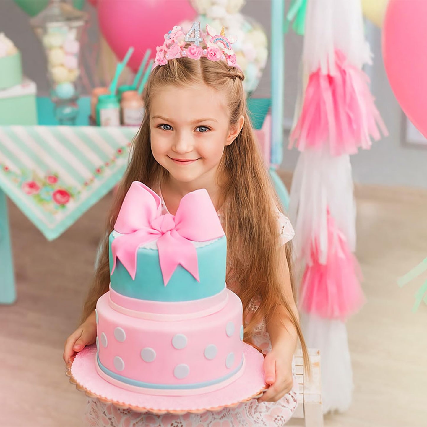 SuPoo 4th Birthday Headband Flower Crown for Girls Princess Tiara Decorations Hair Band Cute 4 Year Old Party Accessory