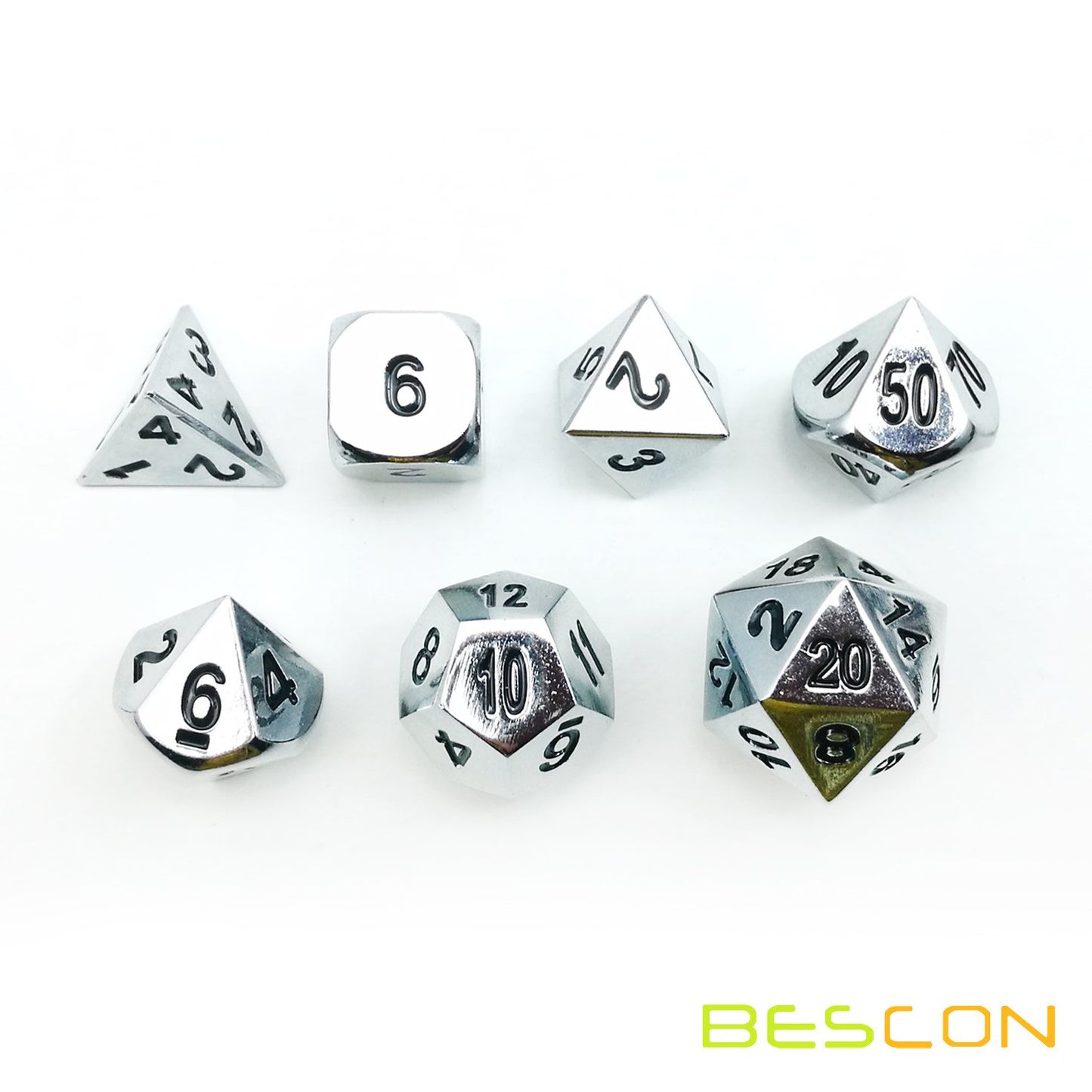 Bescon Super Shiny Gloss Silver Metal 7Pcs Polyhedral Dice Set, Chrome Metal Rpg Game Dice 7Pcs Set