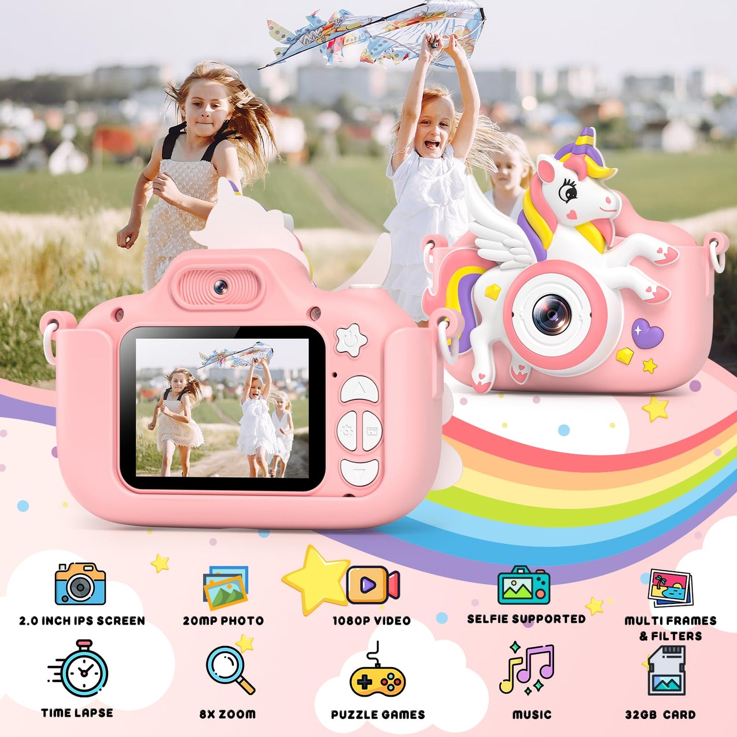Kids Camera Toys Digital Camera For Girls Boys, Christmas Birthday Gifts For Kids Age 3-12, Selfie 1080P Hd Video Digital Camera For 3 4 5 6 7 8 9 10 Year Old Girls With 32Gb Tf Card