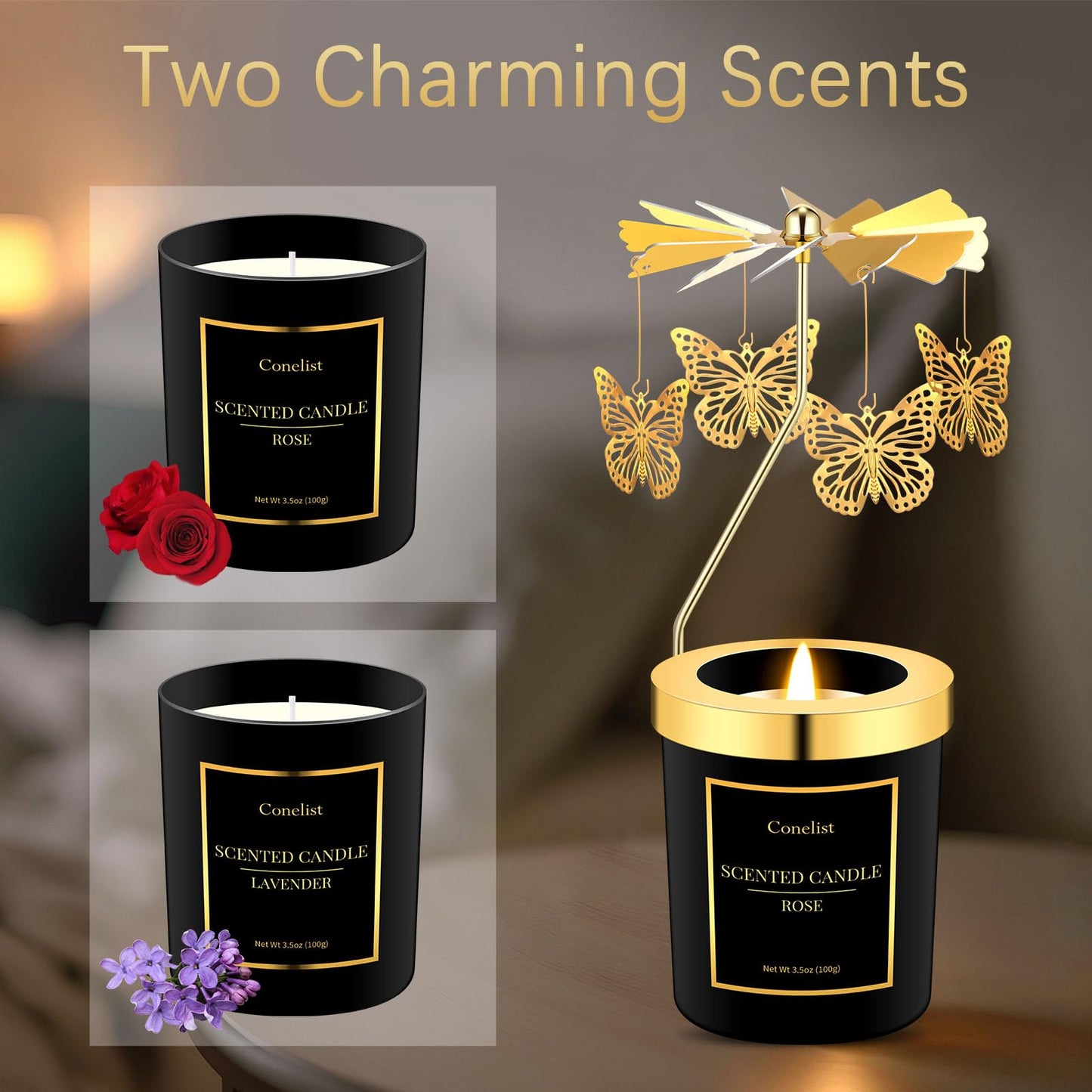 Conelist 4 Pack Christmas Butterfly Candle Gift for Women Hummingbird Rose Moon Cat Lavender Rose Scent Spinning Candle Rotatabl
