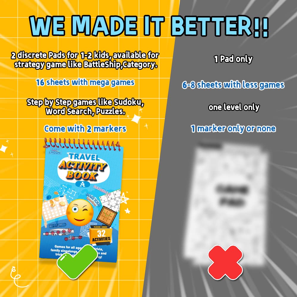 Grandlmoon 2 Pack Reusable 32 Activity Game Mats Pads With Dry Erase Marker As Travel Toy & Learning Tool For Ages 6-12 (9”X 6”)