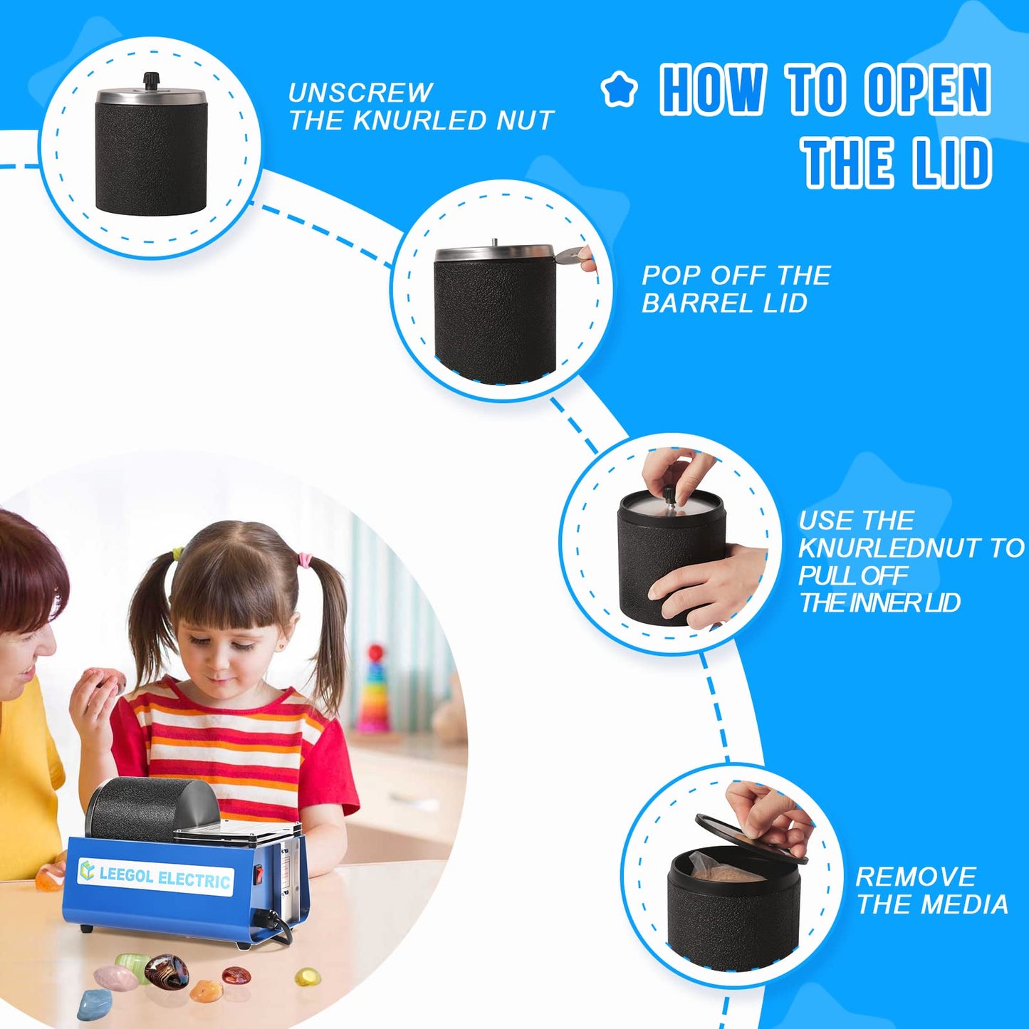 Leegol Electric Rock Tumbler Machine - Single Drum 3Lb Rock Polisher (Single Barrel)