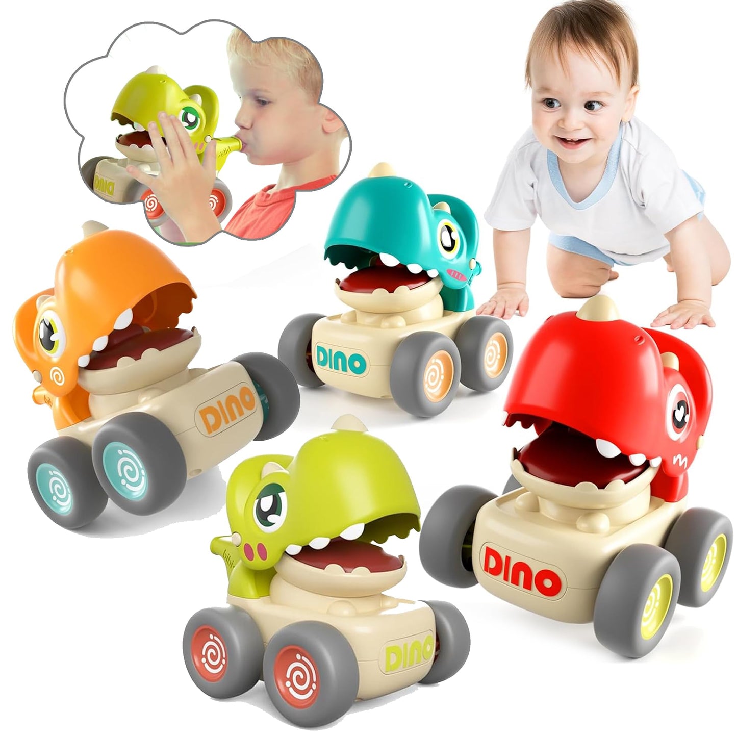 Kidology Dinosaur Cars Set Of 4 With Whistle Music For Toddlers, Friction-Powered Dino Cars, Mini Press & Go Vehicles, Montessor