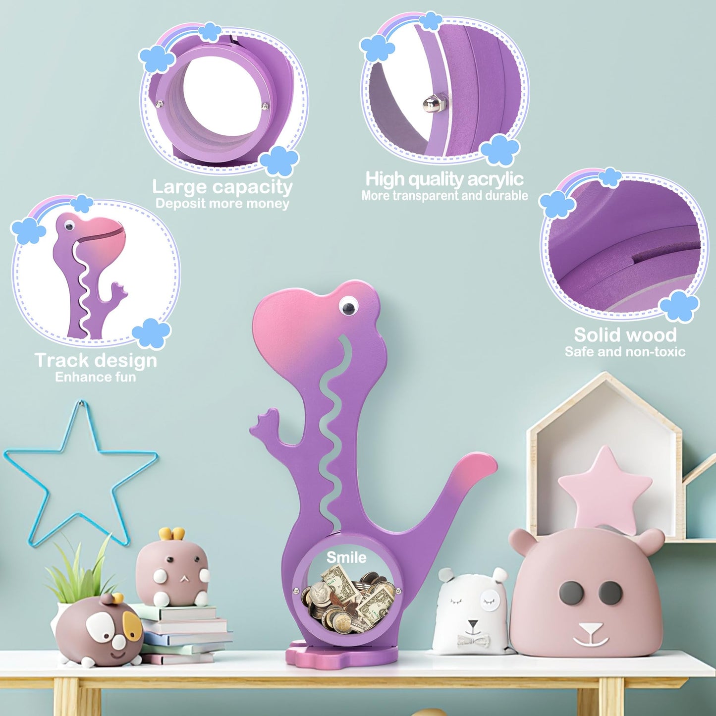 AORCMITN Wooden Dinosaur Piggy Bank Boalord for Boys Kids Girls Clear Big Belly Animal Coin Bank for Toddler Real Money Toy(Dino