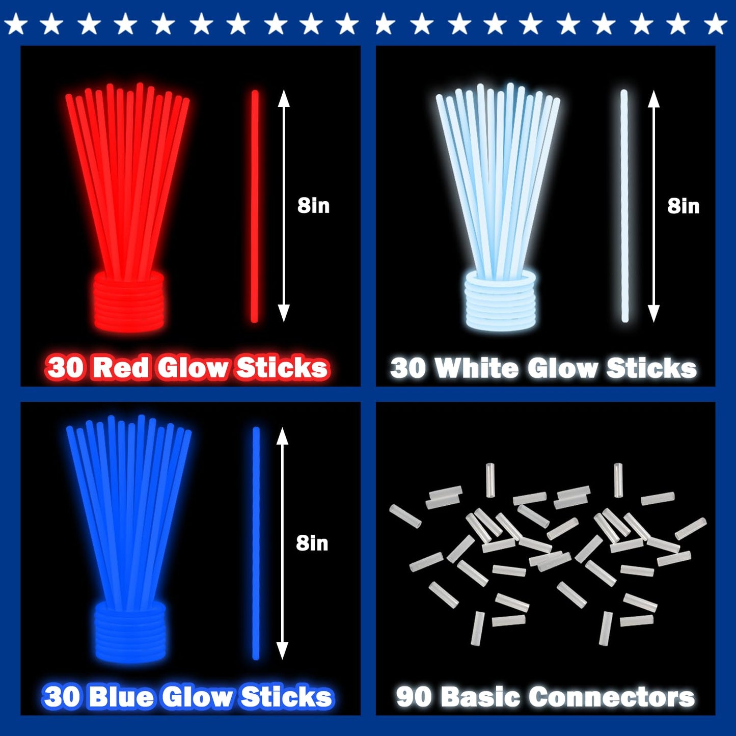 4th of July Red White Blue Glow Sticks Party Favors Supplies for Kids 90 PCS,Light up Neon Bracelets Necklaces for Fourth of Jul
