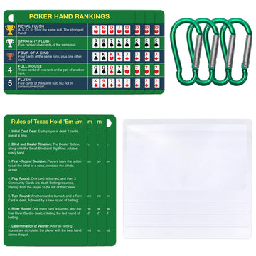 Epkoxlx 4-Pack (8 Cards) Poker Hand Rankings Cards Set With Magnifier & Clip, Texas Hold'Em Cheat Sheet & Rules Guide, Sturdy Po