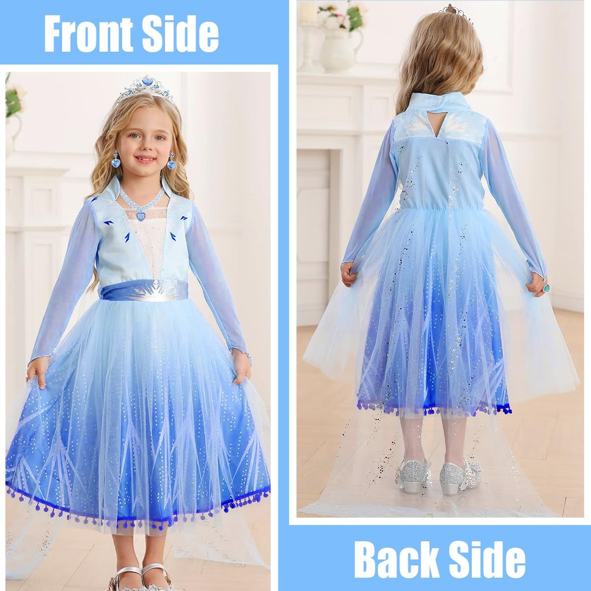 Luzlen Girls Princess Costume Kids Queen Halloween Cosplay Party Blue Dress With Accessories, 7-8 Years(Label 150)