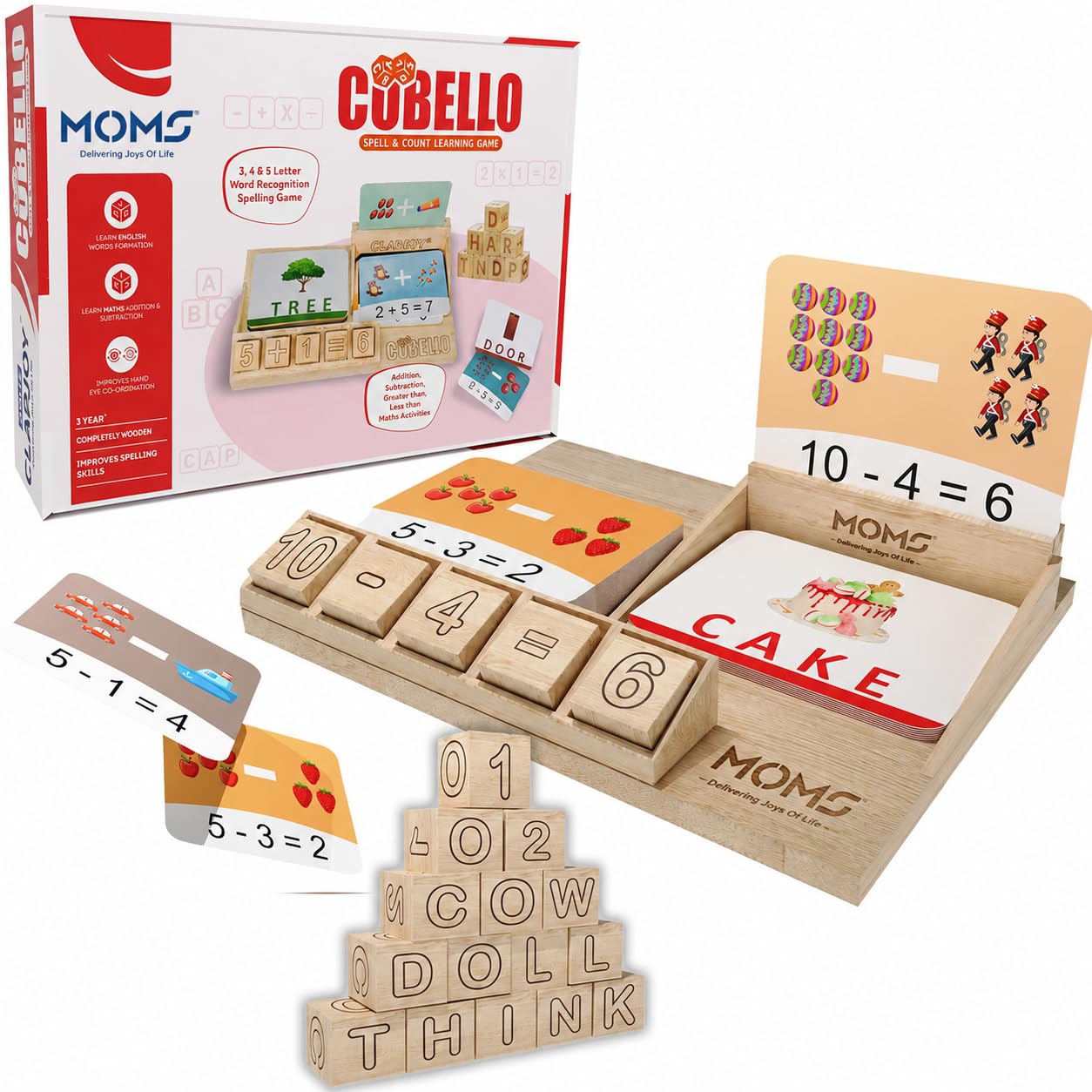 Mssgt Cubello Montessori Wooden Spelling & Math Learning Toy For Kids 3+ Years | Word Building Game With Flash Cards & Number Cu
