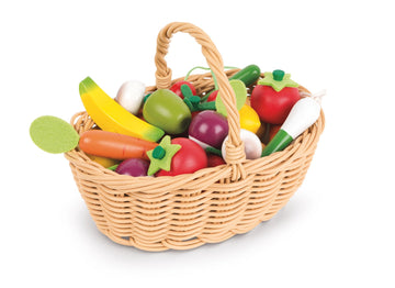 Janod 25 Piece Wooden Play Food Fruit and Vegetable Basket - Ages 3+ - J05620