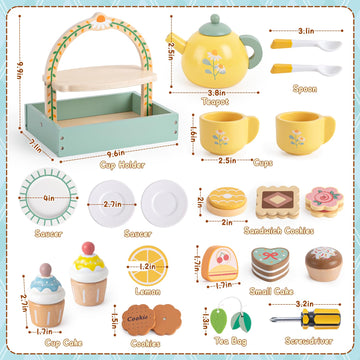 Toyssa Wooden Tea Party Set for Little Girls Toys Toddler Tea Set with Storage Cupcake Stand & Play Kitchen Accessories, Wooden
