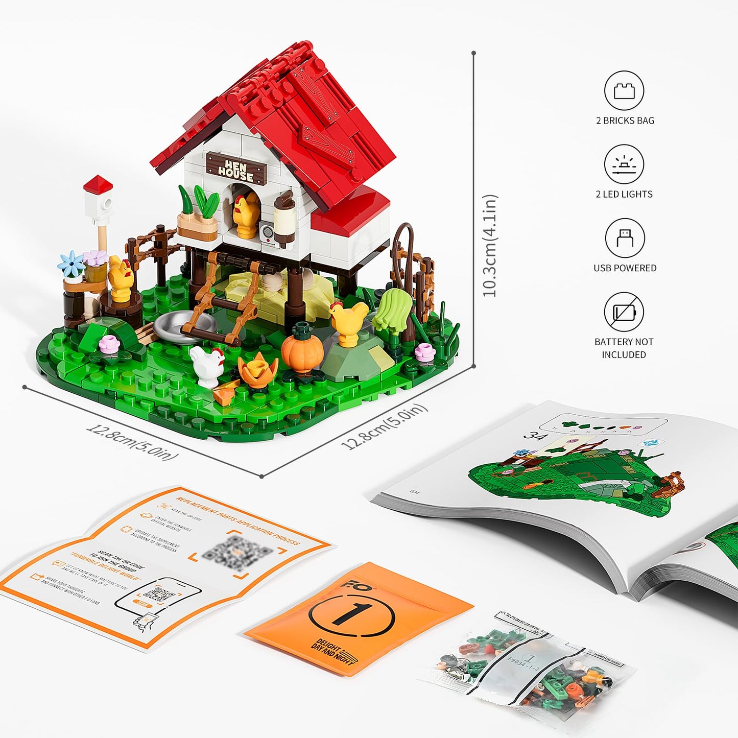 Funwhole Farm Hen-House Lighting Building-Bricks Set - Farm Life Chicken Henhouse And Animal Collection Led Light Construction Building Model Set 323 Pcs For Adults And Teen
