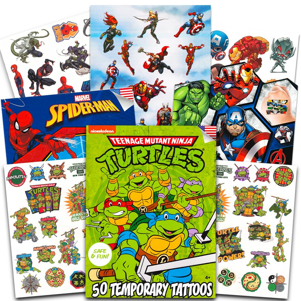 Super Hero Tattoos Party Favors Set - 150 Superhero Temporary Tattoos Featuring Marvel Avengers, Spiderman and Teenage Mutant Ni