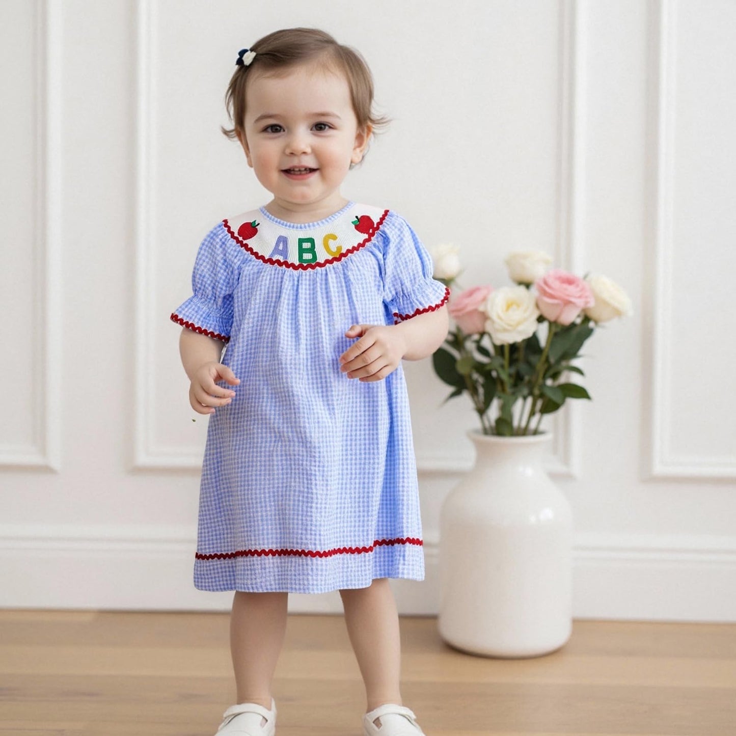 Toddler Girl Back To School Clothes Embroidery Smocked Dress Doll Collar Sundress First Day Of Pre Kindergarten Outfit (Plaid Ab