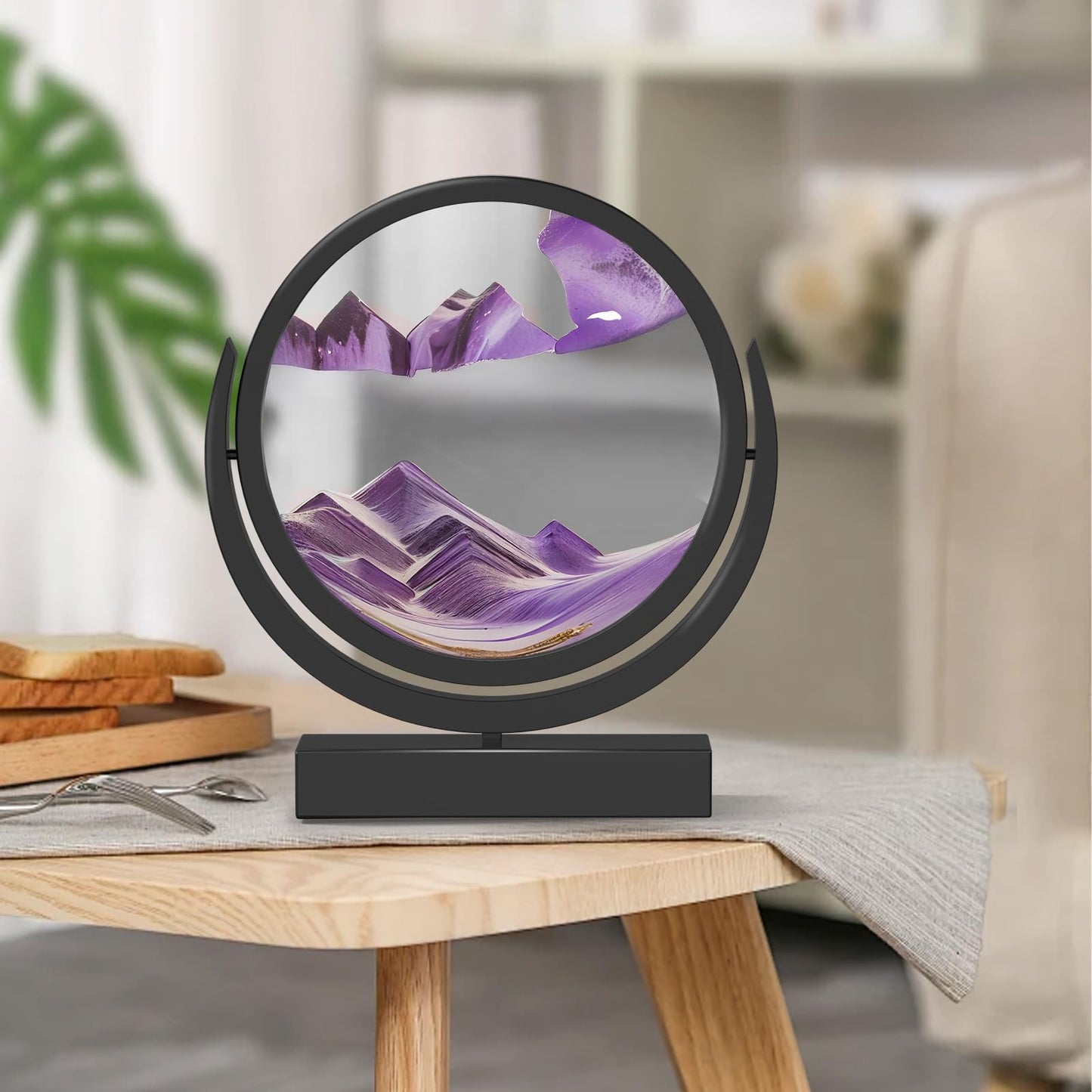 E-SHIDAI Moving Sand Art Picture in Motion Round Glass 3D Deep Sea Landscape, Dynamic Sand Art Sandscapes, Sensory (7in,Purple)