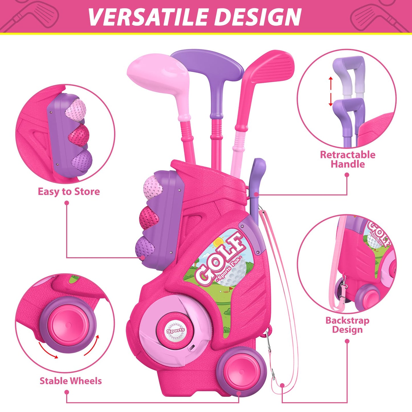 Liberry Toddler Golf Set For 2 3 4 5 Years Old Girls Boys, Upgraded Kids Golf Clubs Set With Golf Cart, Putting Mat, Outdoor Indoor Sports Toy Birthday Gift, Pink