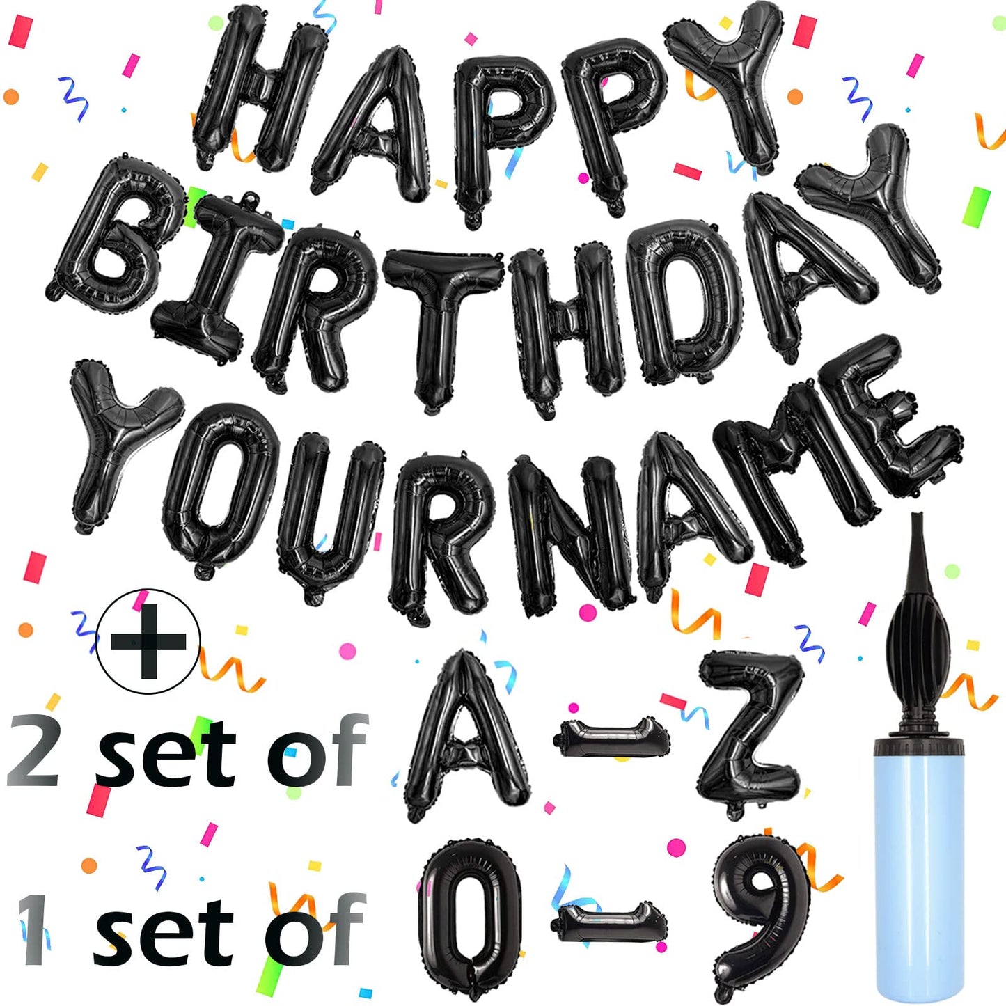 76Pcs Happy Birthday Balloon Banner, Black Balloons Letters, Personalized 16'' Mylar Foil Birthday Decorations Includes 2 Sets A