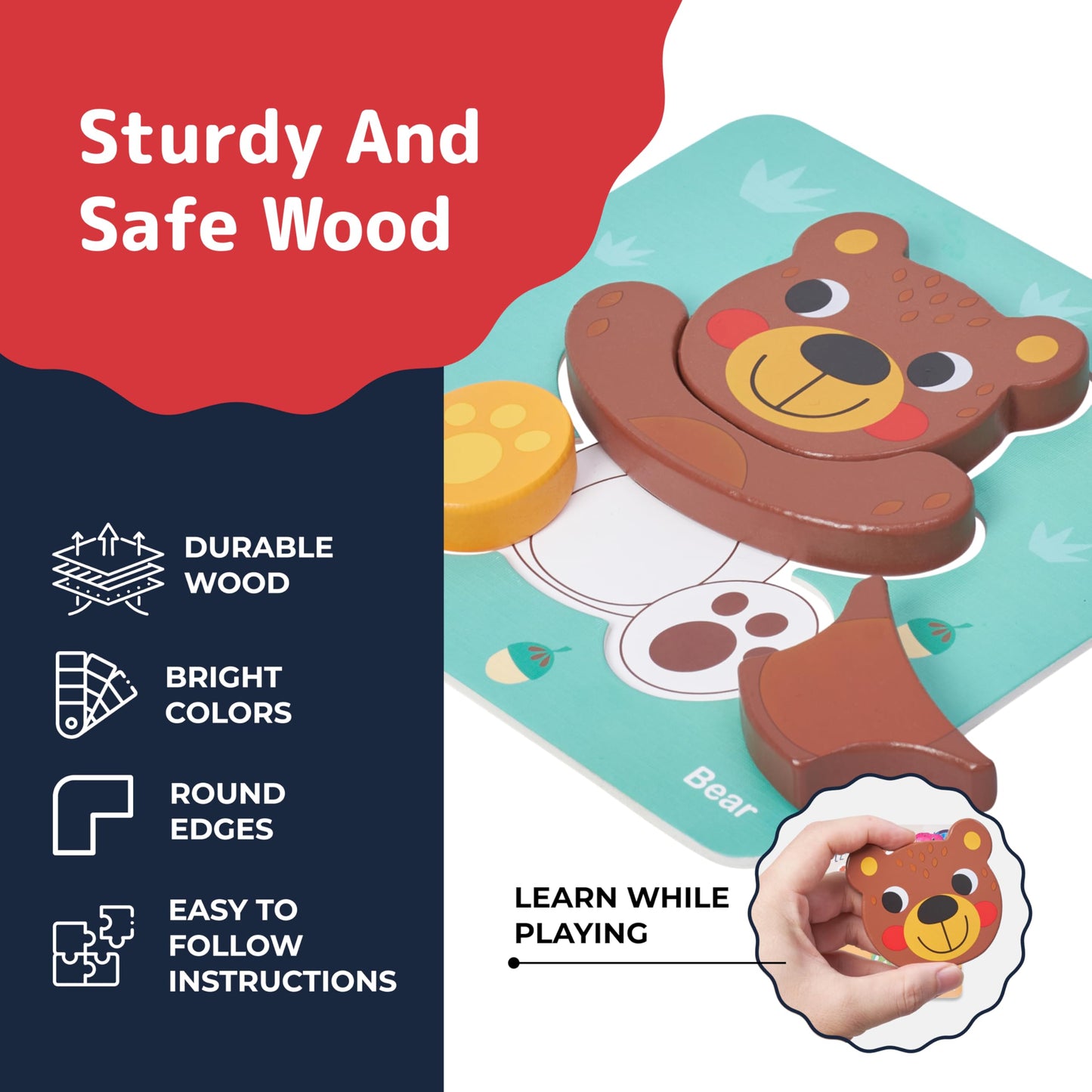 PREXTEX 6-Piece Chunky Animal Puzzle for Toddlers - Zoo Animals Shape Puzzle with Cognitive Cards - Montessori Wooden Puzzle for