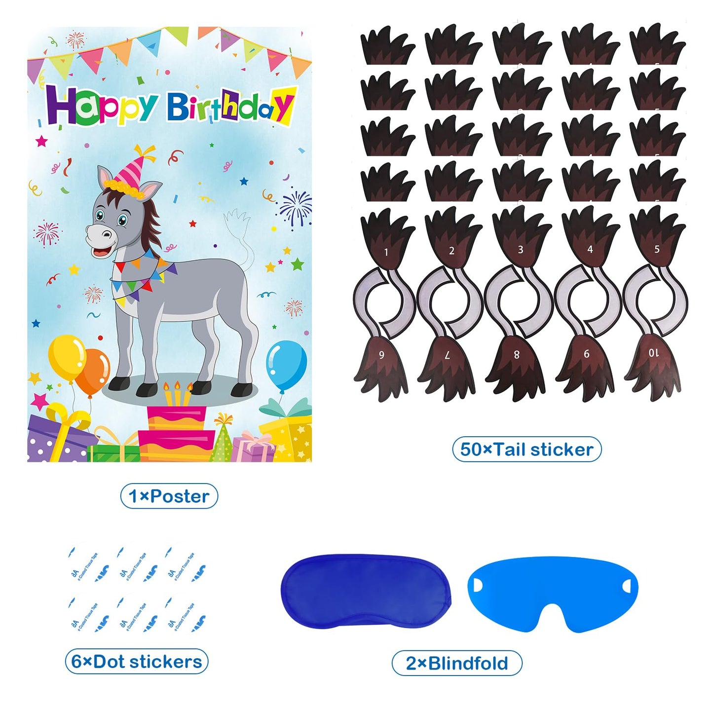 Eaezerav Pin The Tail On The Donkey Birthday Party Game With 50 Pcs Tails Large Donkey Games Poster For Kids Birthday Party Supp