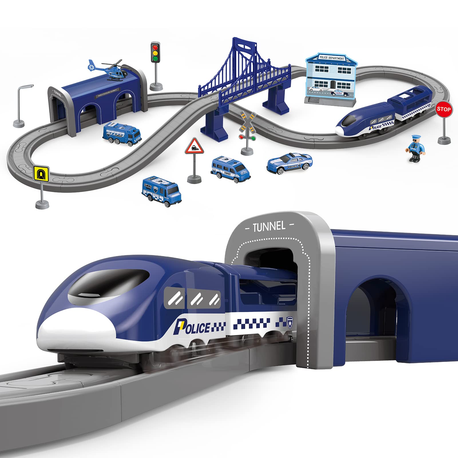 Train Sets For Toddlers, 66 Pcs Trains Toy With Battery Operated & Tracks (Magnetic Connection), Compatible With Thomas, Brio, Christmas Toy Gifts For 3 4 5 6 7 8 Years Old (Police)