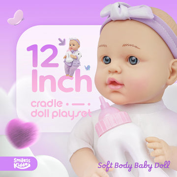 Smilesskiddo Baby Doll With Accessories, 12'' Dolls Playset With Washable Carrier Bassinet Bed, Bottle, Blanket, And Pillow, Sof