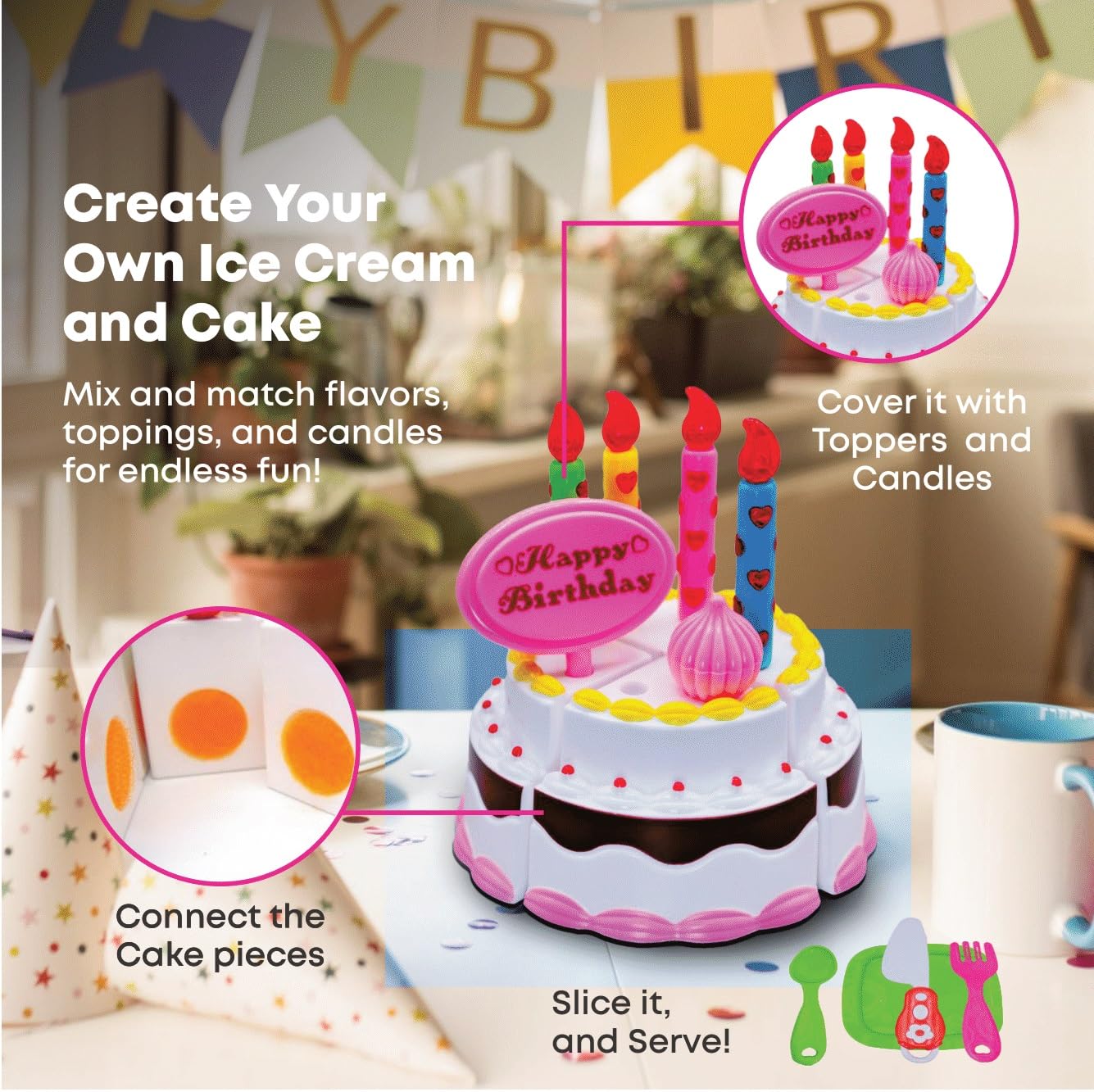 FUNERICA Play Food Goodies Set with Storage Box - Features Cutting Pizza, Ice Cream, Toy Birthday Cake, Fries, Dessert - Pretend