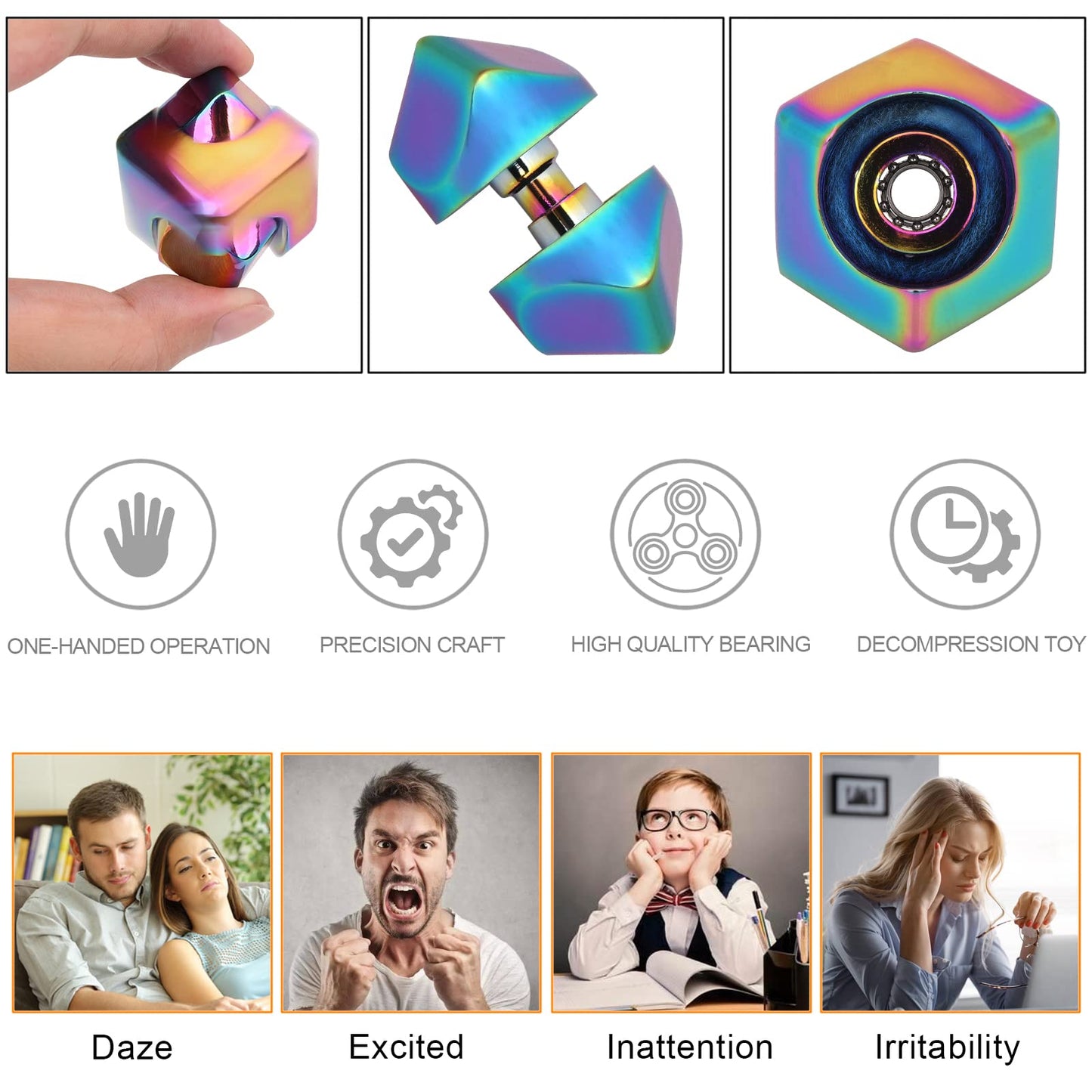Qlkunla Fidget Cube Spinner Anti-Anxiety Focusing Fidget Toys Edc Fidgets Spinner 4-In-1 Toy Metallic Focus Toy Cube Finger Top Desktop Adhd Stress Relieve Toys For Kids And Adults (Rainblow)