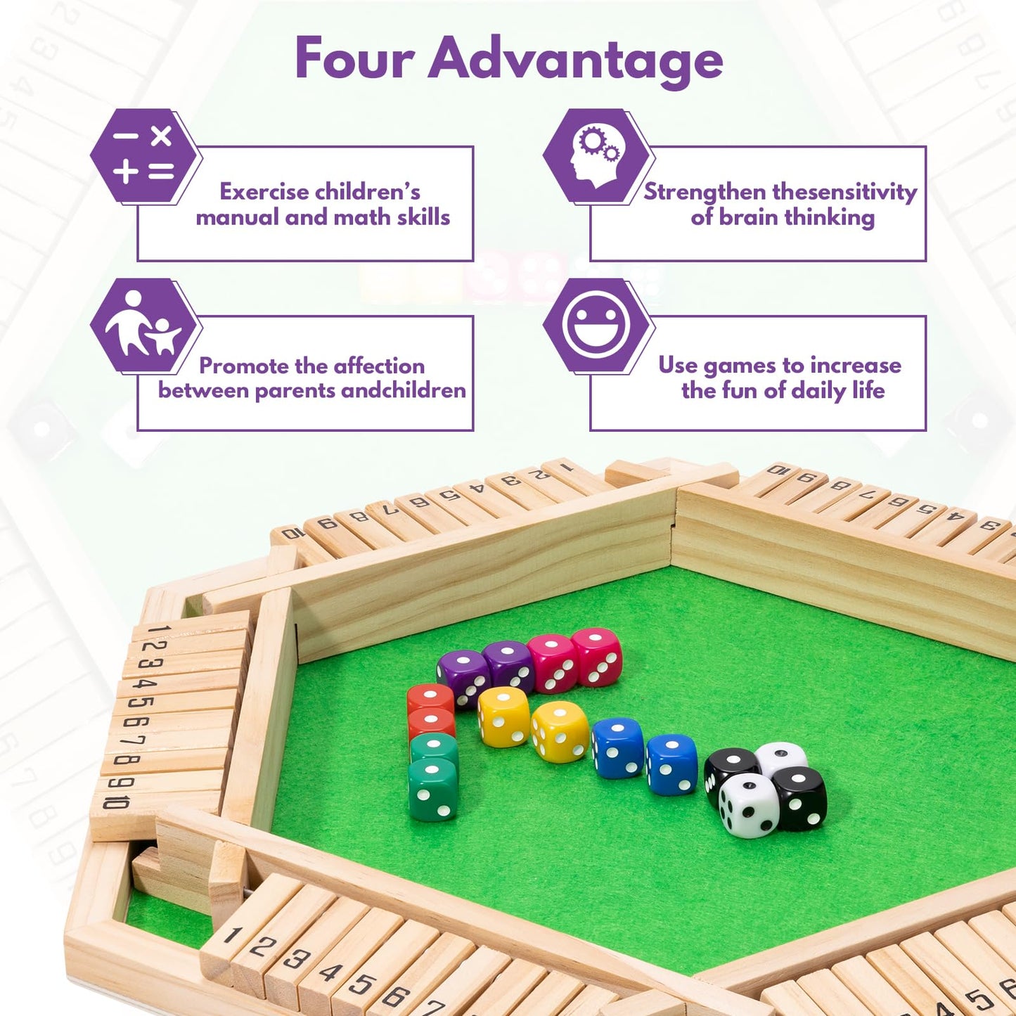 Fowreny Shut The Box Dice Game - Classic Wooden Tabletop Game for 2-6 Players - Natural Wood Finish Family Board Game for Adults