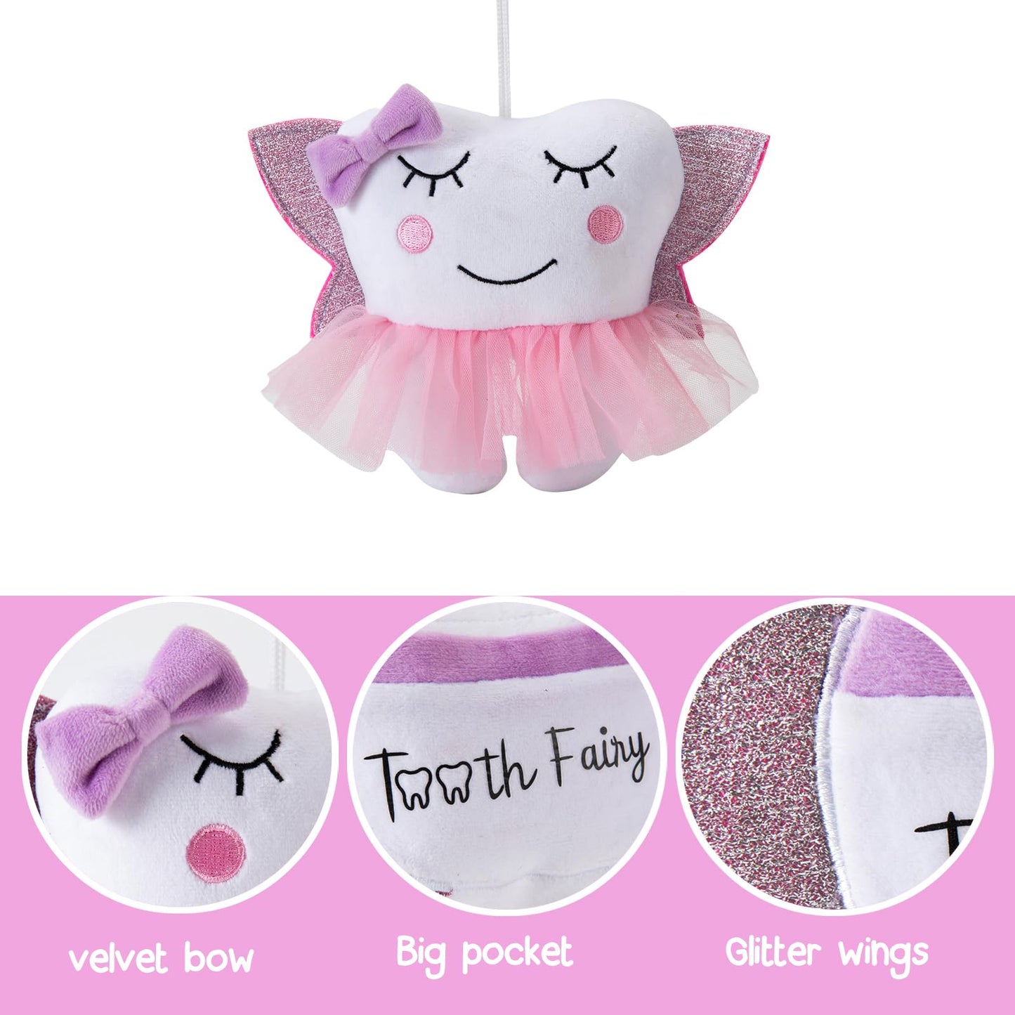 Free-Space Tooth Fairy Pillow With Pocket Ballet Doll For Girl Shiny Wings Crystal Velvet Tooth Fairy Keepsake Gifts (Pink)