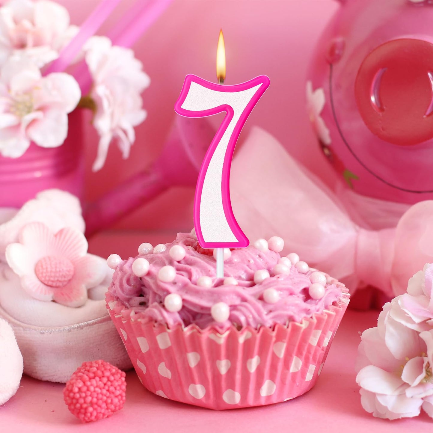 MTLEE Hot Pink Girl Birthday Candle Numeral Birthday Candle Pink and White Birthday Cake Topper for Children Girls Birthday Deco
