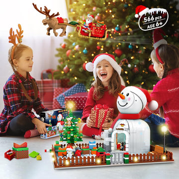 Hogokids Christmas Santa House Building Set With Led Light - 566 Pcs Wintertime Snowman Building Block Kit Xmas Tree Decors Birt