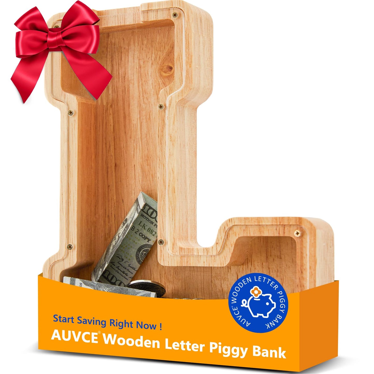 Wooden Letter Piggy Bank for Kids  Initial Coin Bank for Boys and Girls  First Name Personalized Savings Bank for Birthday Boys Girls Gift Piggy Bank for Kids (Wood  S9-L)