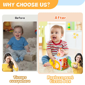 Yeeeasy Baby Tissue Box Toy Montessori Toys For Infant 6,9,12,18 Months Sensory Tissue Box Toy With Mirror,Textured Tails,Squeak