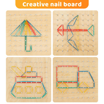 2Pack Wooden Geoboard,Montessori Toy,Graphical Mathematical Education Toy For Kids With Pattern Cards And Rubber Bands To Figure