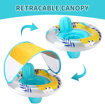 Swimbobo Inflatable Baby Swim Pool Float With Safe Seat And Removable Canopy For Age 6-36 Months Toddler (Yellow Dinosaur)