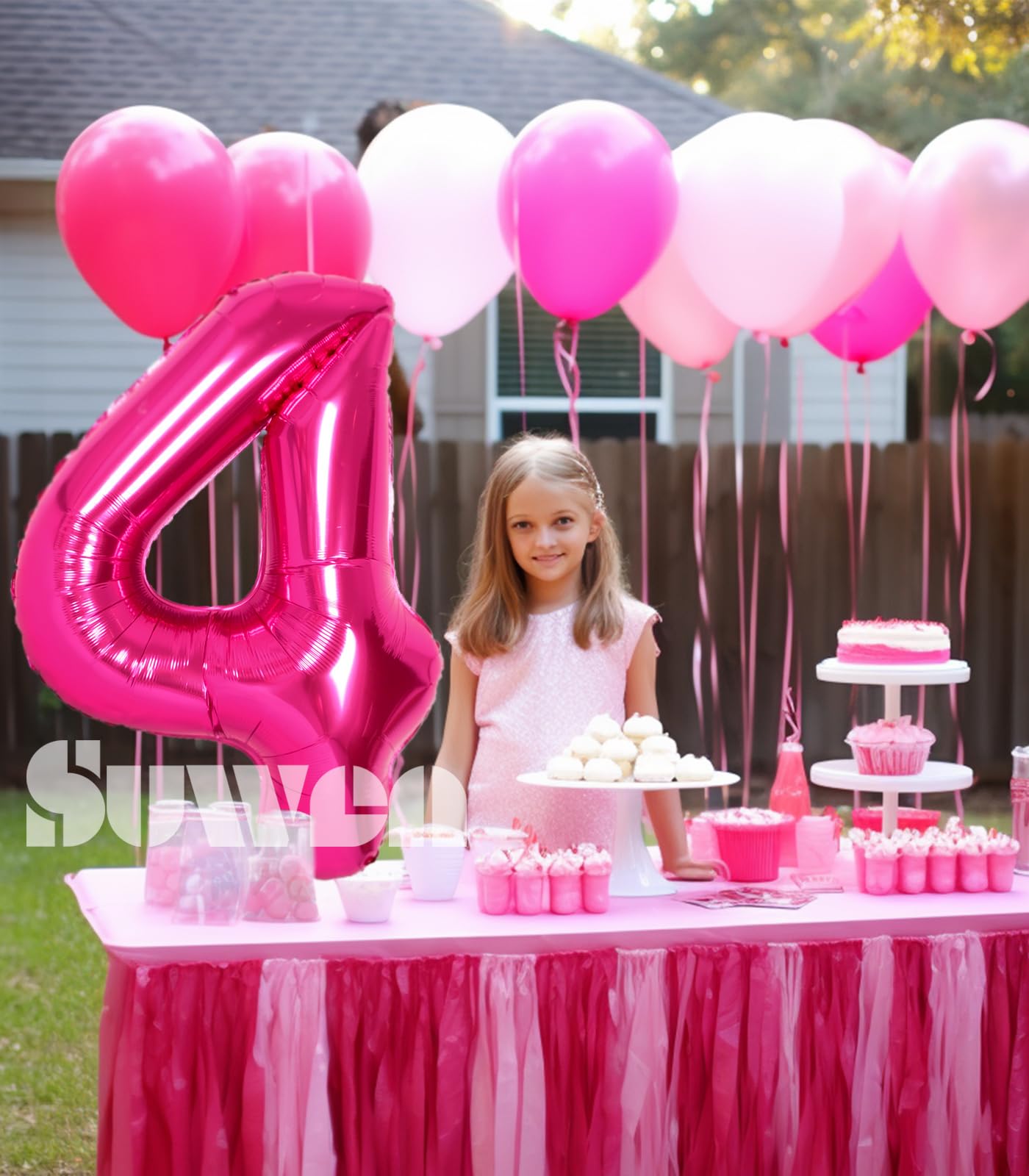 Suwen 40 Inch Hot Pink Large 4 Number Balloons Big Foil Helium Number Balloons 0-9 Jumbo Happy 4Th Mylar Birthday Party Decorati