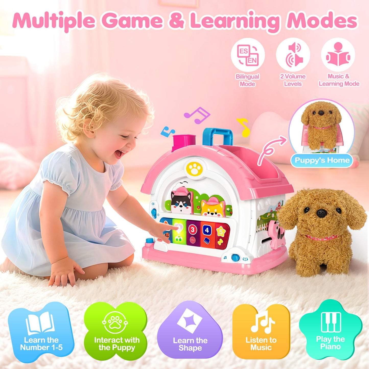 Ellinjan Montessori Toys for 1 2 3 Year Old Girl Gifts, Baby Musical Toys 12 18+ Months, 10 in 1 Bilingual Learning Toy with Sou