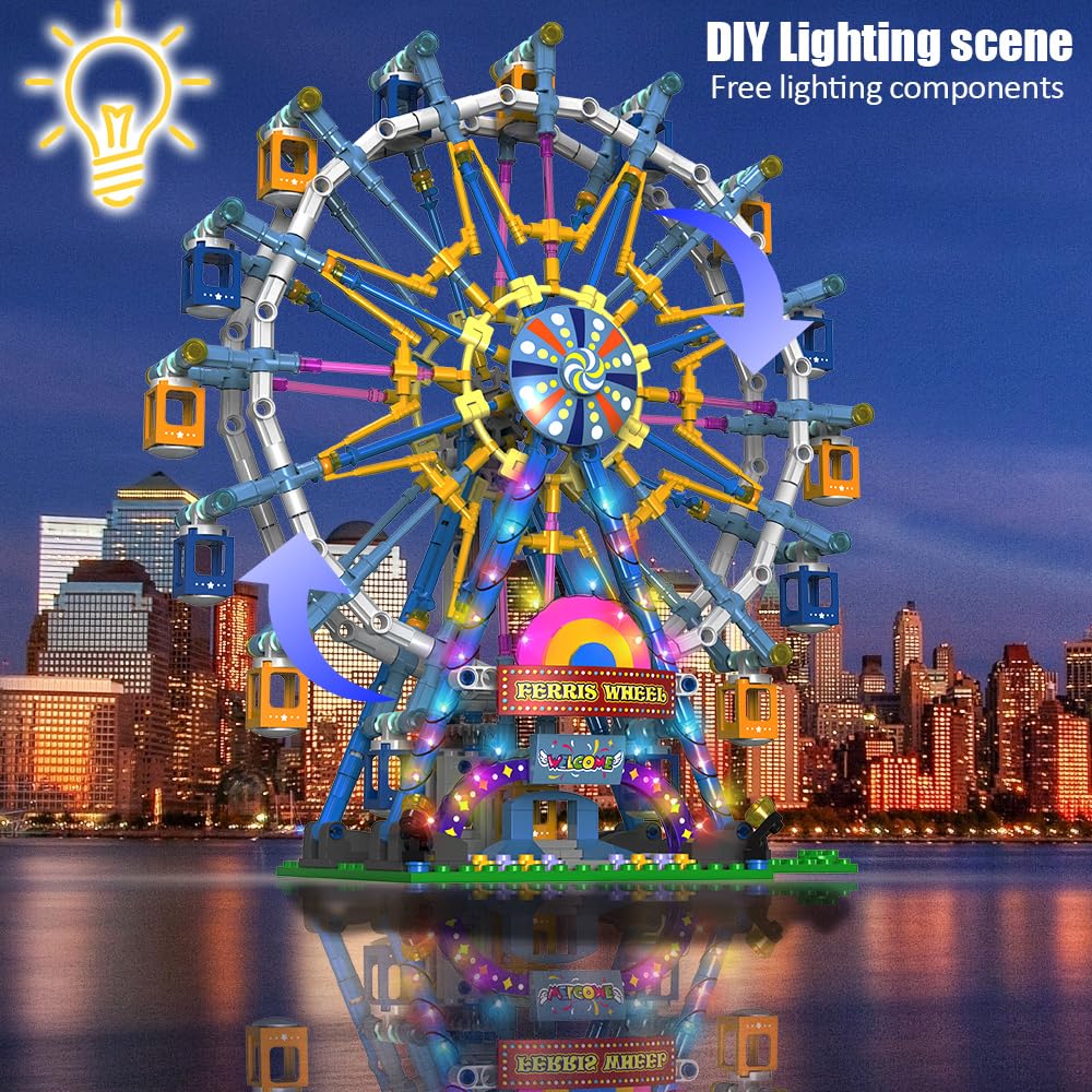 Rotating Ferris Wheel Building Blocks Kit With Lights Amusement Park Building Construction Toys Set For 6+ Year Boys Girls Birth