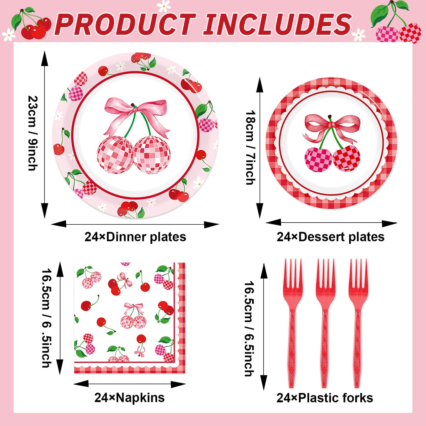 96Pcs Cherries Theme Plates and Napkins Pink Bow Cherry Birthday Party Decoration Disco Ball Disposable Dessert Cake Plates Cher