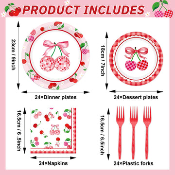 96Pcs Cherries Theme Plates and Napkins Pink Bow Cherry Birthday Party Decoration Disco Ball Disposable Dessert Cake Plates Cher