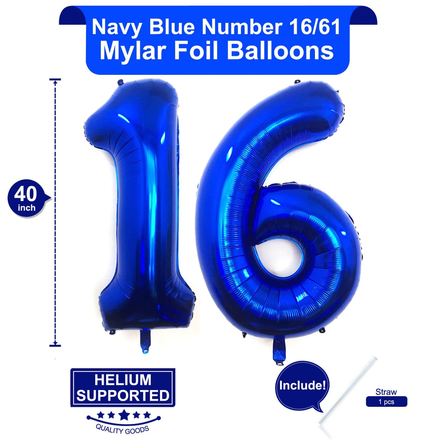 LHOAVWE 40 Inch Navy Blue 16 Number Balloons - Jumbo Mylar Foil for 16th Birthday, Anniversary Party Decorations