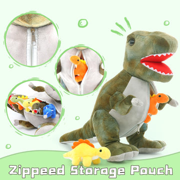 Muiteiur Dinosaur Stuffed Animals Soft Plush 19.6 Inch Dinosaur Stuffed With 5 Cute Babies T-Rex Zippered Belly Dinosaur Gift Set For Kids Girl Boy
