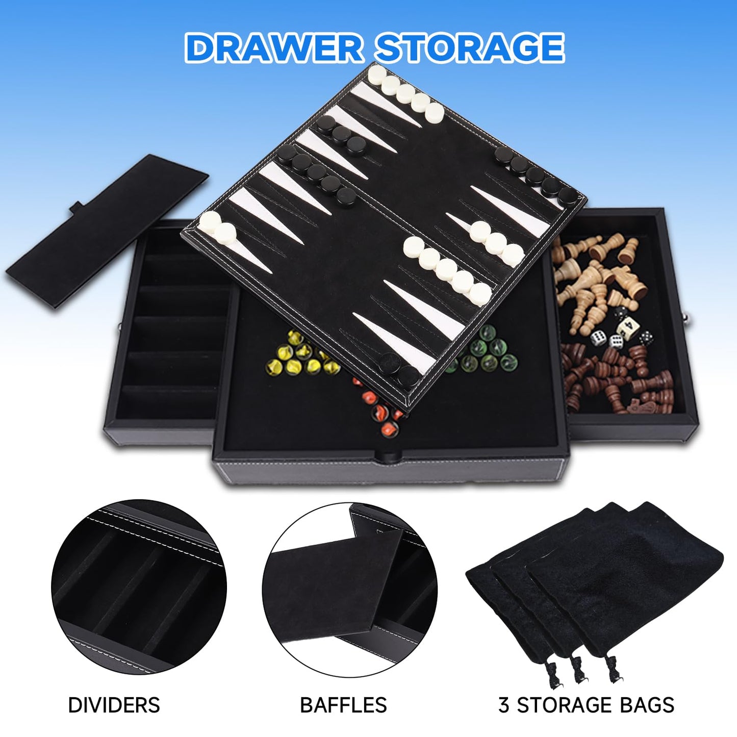GSE Games & Sports Expert 5-in-1 Board Game Set - Leather, 12.5" - Chess, Checkers, Backgammon, Chinese Checkers, Poker Dice