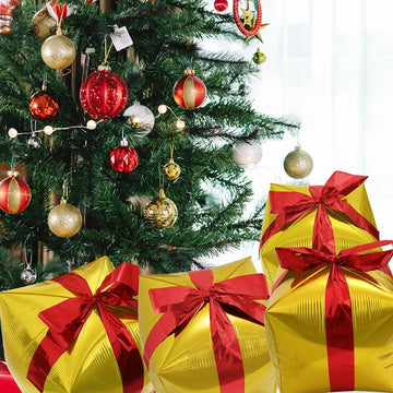 Deermon Large 4 Piece Gold Christmas Square Shape Gift Box Party Balloons With Red Ribbon, Present Cube Gift Box Mylar Party Dec