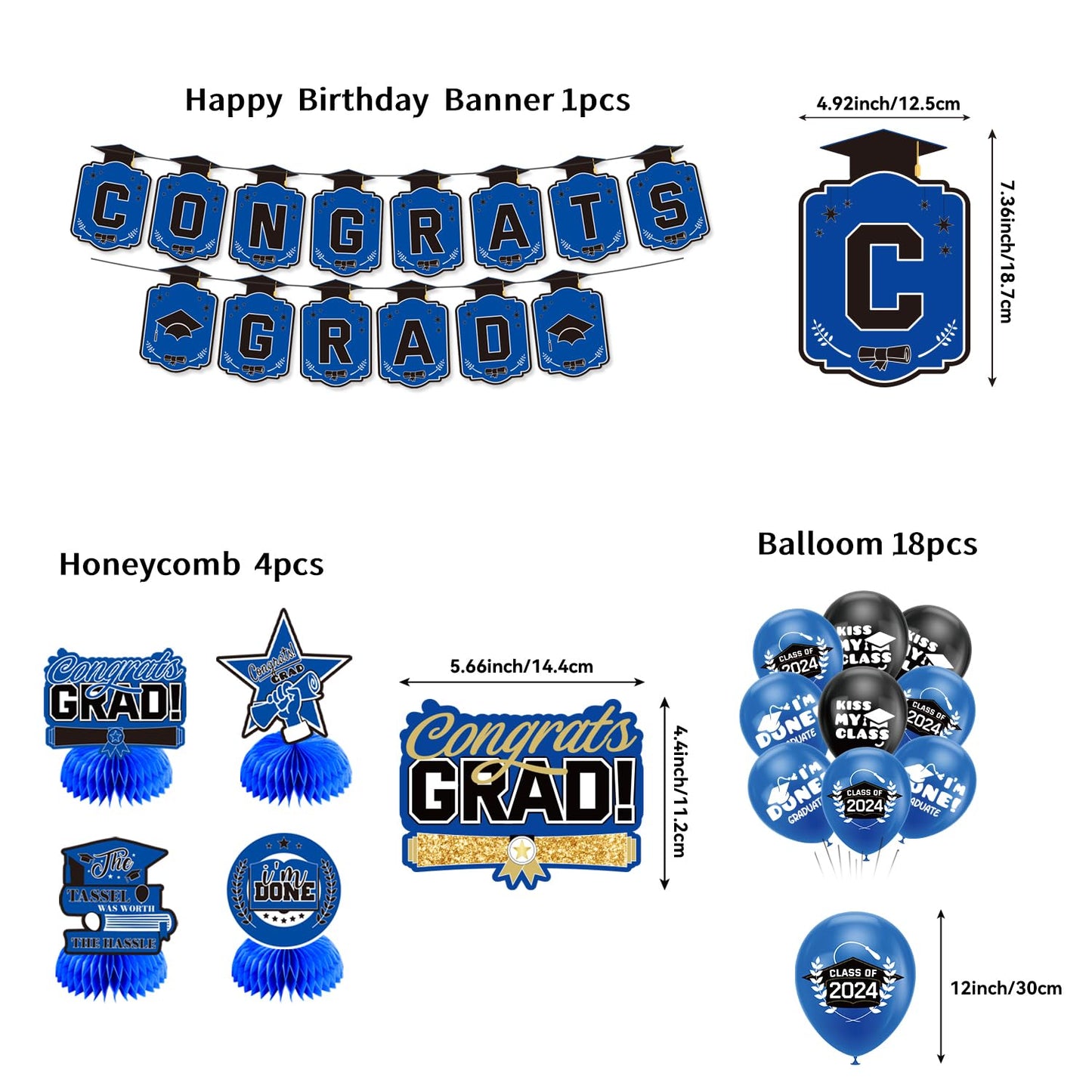 Graduation Decorations Class Of 2024, Congrats Grad Banner, Class Of 2024 Backdrop, Balloons & Hanging Swirl, Honeycomb Party Su