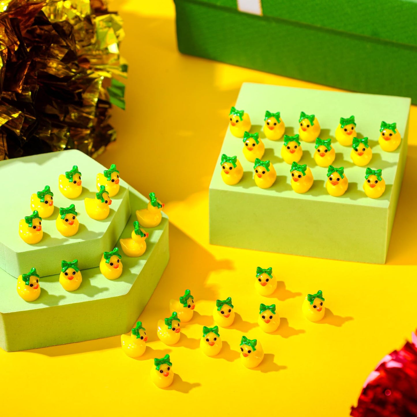 Weysat 60 Pcs Mini Green Cheer Resin Ducks Cheer Team Gifts Bulk Tiny Blue Bow Ducks Miniature Figurine Decoration Tabletop Shel